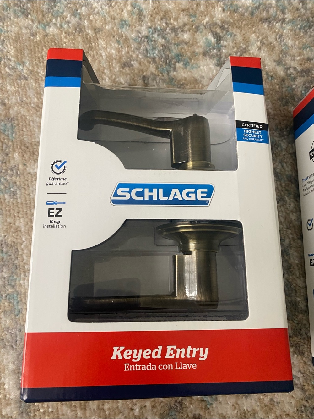 New Schlage Keyed Entry Door Lever in antique Brass